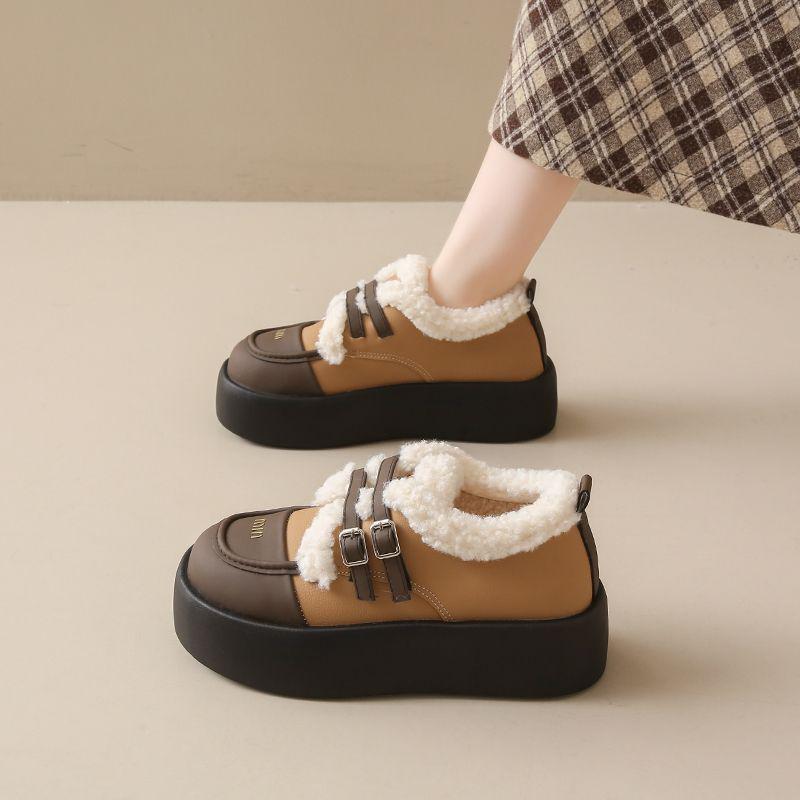 Dámské mokasíny na silné podrážce, kožené Mary Janes s velurovou podšívkou, podzimní/zimní teplé bavlněné boty, britský styl, off-white/černé.