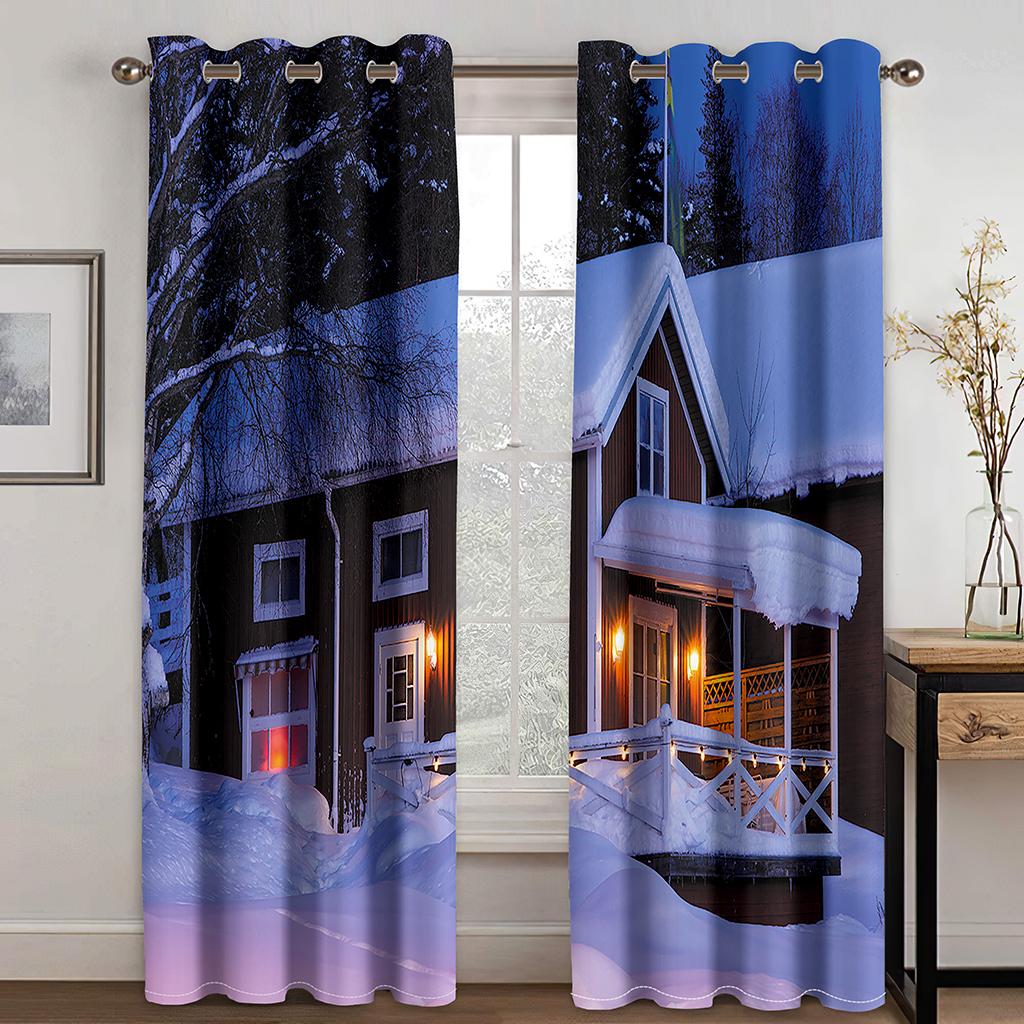 Christmas Decoration Curtain 3D Cartoon Santa Claus Christmas Tree Polyester Cloth Curtain Snowman Pattern Festive Atmosphere
