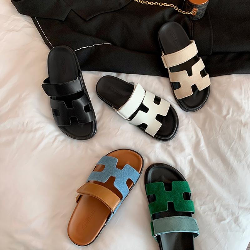 Sommer neue Axige zweiter Onkel Hausschuhe im gleichen Stil, Damen tragen echtes Leder dicke Sohle Klettverschluss coole Hausschuhe
