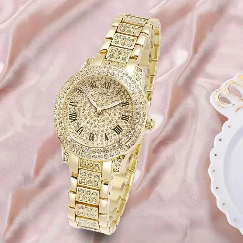 Women Watches Gold Tone Alloy Rhinestone Quartz Watch Stylish Bling Dress Watch Wristwatches for Valentine's Day