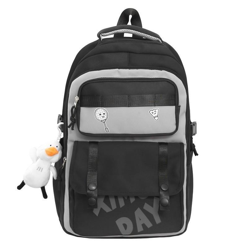 

Jk2025 New Large Capacity Backpack Student Schoolbag Junior High School Student Burden Reduction Travel Computer Casual Backpack Black, with pendant