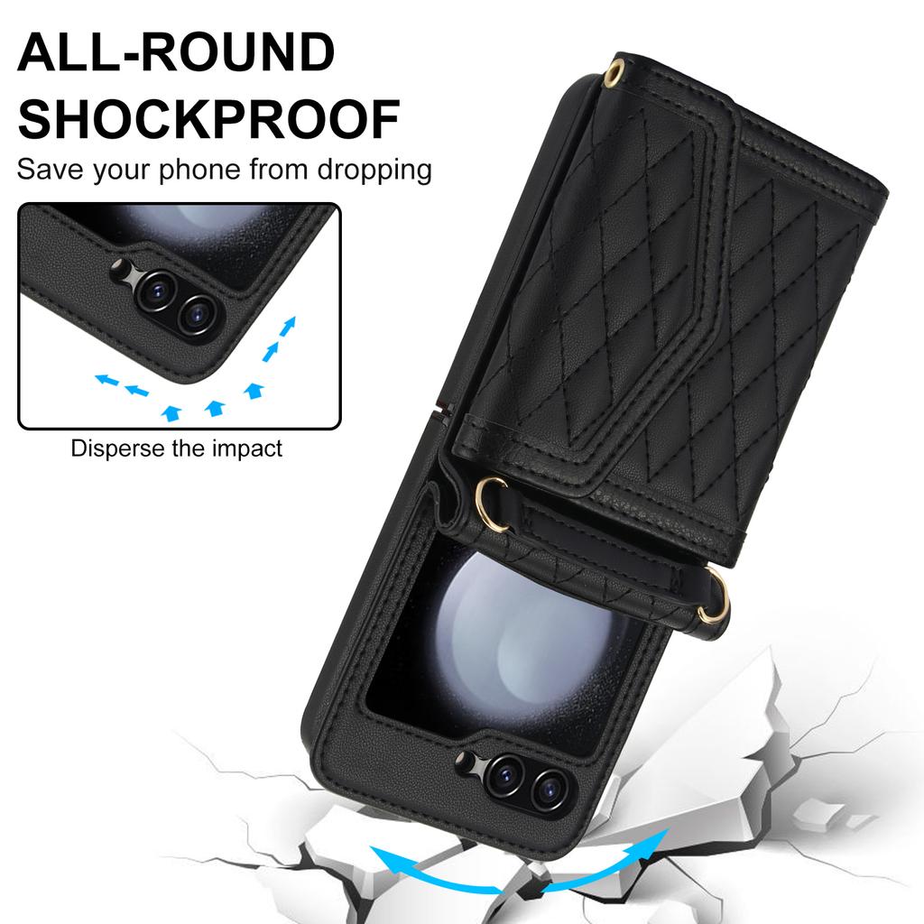 For Samsung Galaxy Z Flip7 FE 5G/Z Flip6 5G Case Card Holders PU Leather+PC Phone Cover with Detachable Shoulder Strap