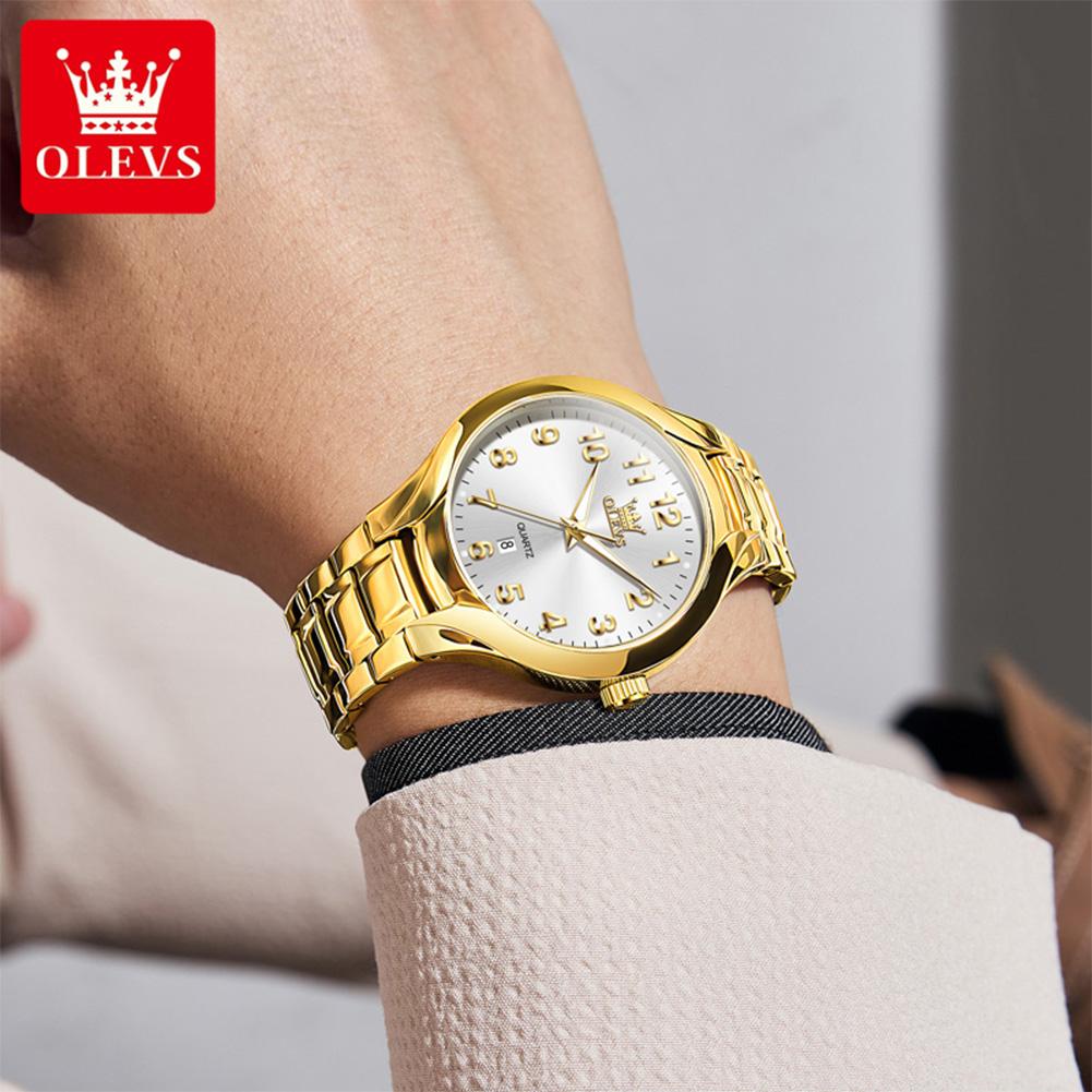 OLEVS Original Brand Luxury Quartz Watch for Men Gold Stainless Steel Strap Waterproof Luminous Auto Date Fashion Wristwatch Men