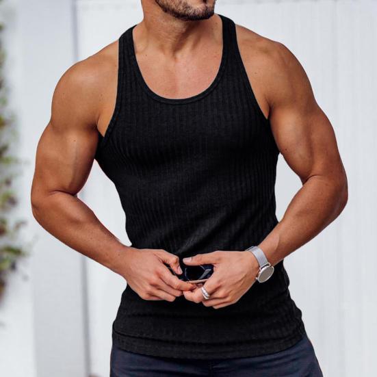 Pánská tílko s kulatým výstřihem, bez rukávů, se zádovým výstřihem, letní, žebrované, jednobarevné, fitness tílko
