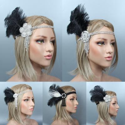 Women Hair Accessories Feather Headband Rhinestone Beaded Party Headpiece 1920s Vintage Gatsby