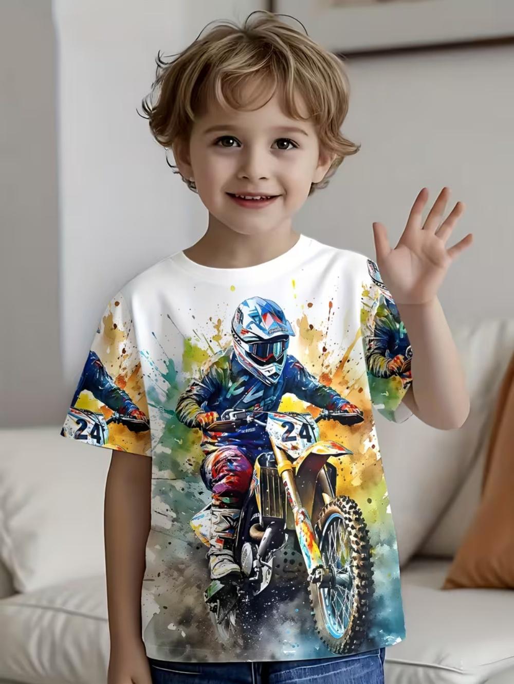 Motorcycle rider 3D printed T-shirt for boys, suitable for boys, short-sleeved top, fashionable street style children s clothing for summer. 100