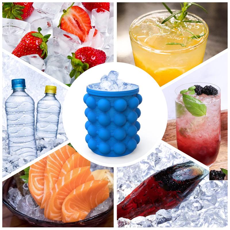 2-In-1 Silicone Blue Ice Cube Maker Circular Portable Ice Cube Mold Ice Tray Large Ice Bucket Suitable for Cold Beer Beverages