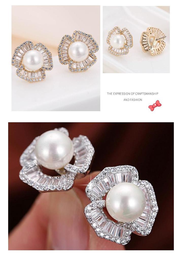 Elegant Pearl and Rhinestone Stud Earrings - Women's Stylish European and American Copper Accessories