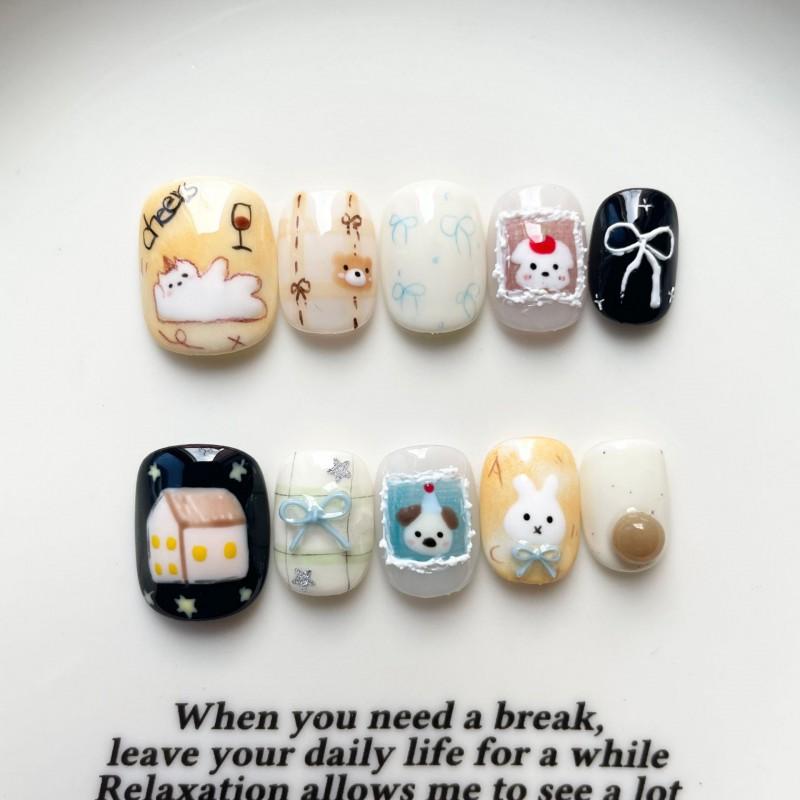 Hand-Painted Press-On Nails Short Square Cat Eye Design Cute Kawaii Style Wearable Nail Tips Women