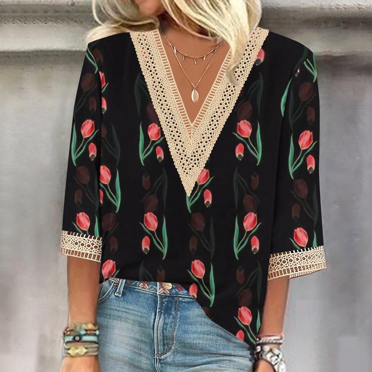 

Осень 2023, новая мода, женский повседневный топ с v-образным вырезом и рукавом 3/4 с принтом, большие размеры