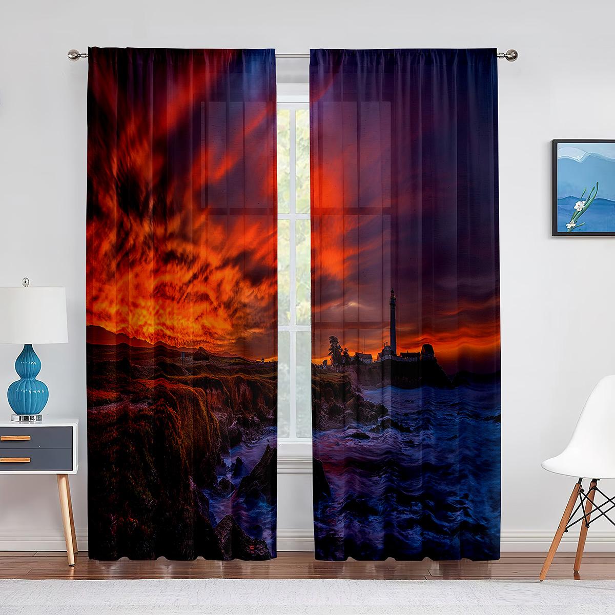 

Тюлевые шторы с маяком, морским пейзажем, закатом и скалами для спальни, современные прозрачные шторы из вуали, украшения дома, кухонные оконные шторы 1 PCS W100XH250cm&Grommet Top