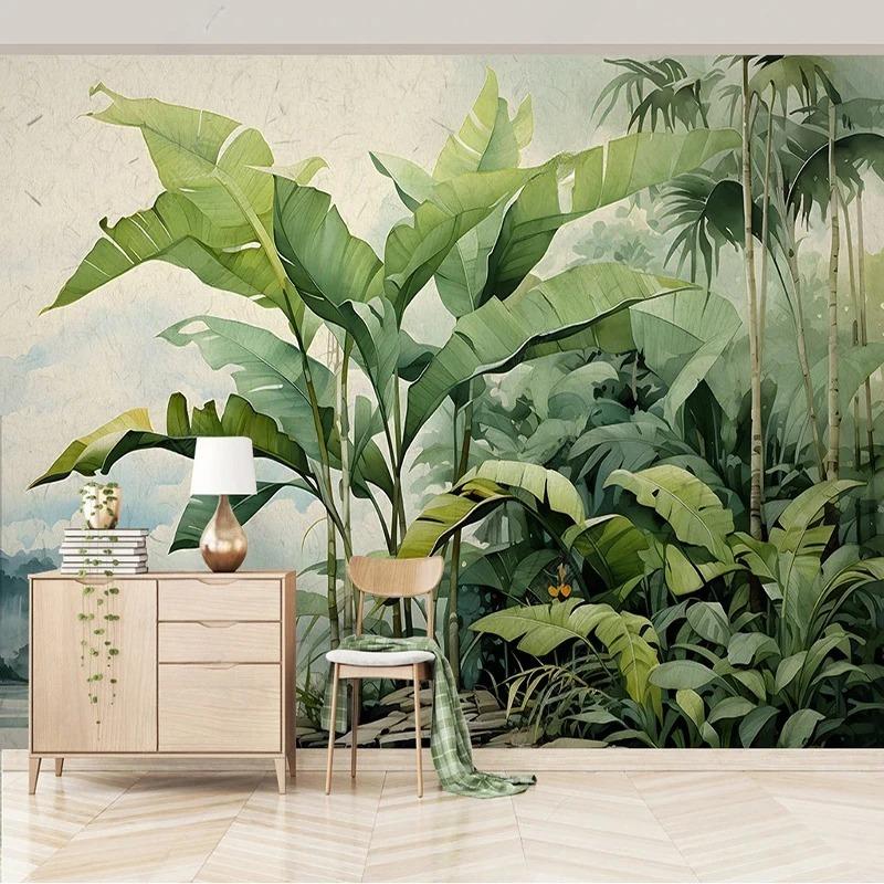 Nordic Retro Wallpaper Hand-Painted Tropical Plants Leave Wall Mural Living Room Bedroom Wallpaper Home Decor Fresco