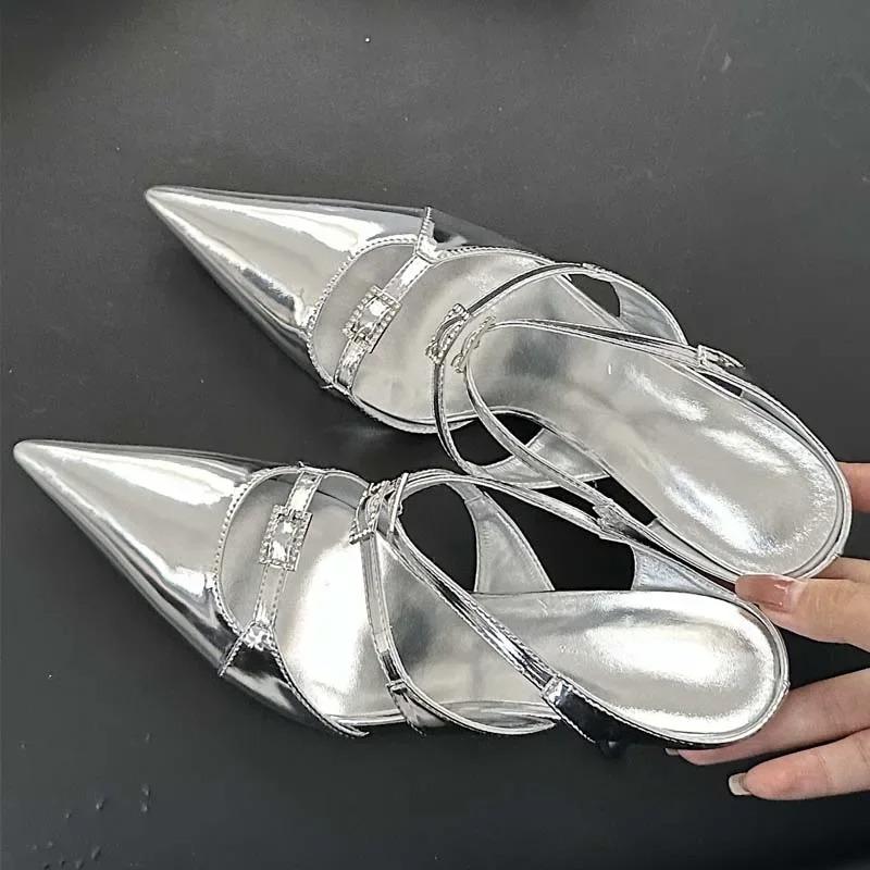 Pesstwei Designer Sexy Patent Leather Pointed Toe Slippers Women Pumps Sandals Narrow Band Thin Heel Slingback Mules Shoes Size 40