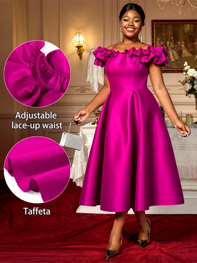 Robe Midi Rose Vif à Volants Décolleté Bardot pour Femme Grande Taille avec Taille Cintrée et Bas Évasé - Robe Élégante