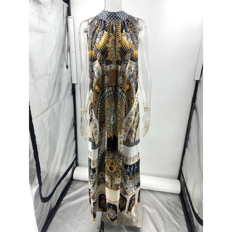 Retro Sweet Printed Off Shoulder Hanging Neck Dress Women's Loose Summer Vacation Dress