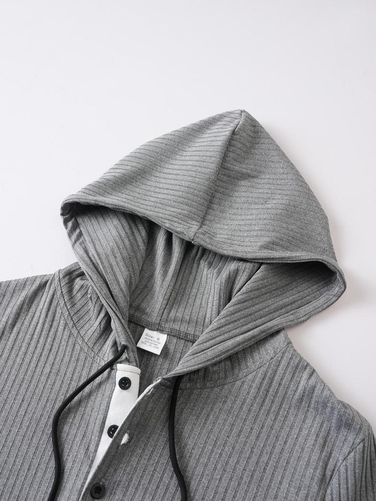 Men's Casual Long Sleeve Hooded Pullover with Drawstring and Buttons for Autumn/Winter