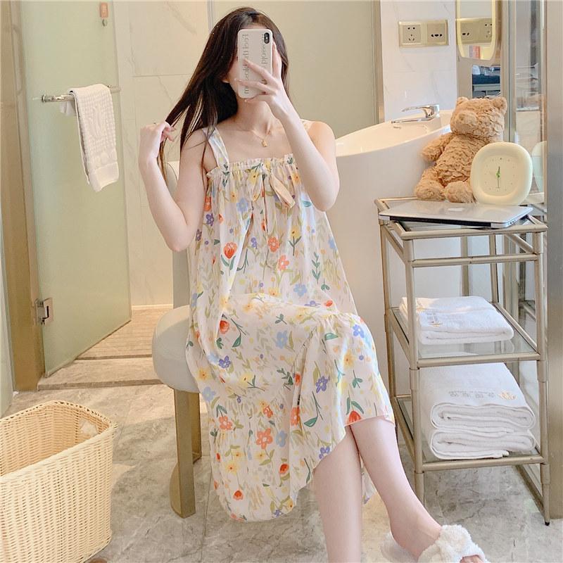 Cotton Nightdress Women'S Summer Thin Pajamasspring And Autumn Cotton Korean Cute Casual Print Dress Loungewear