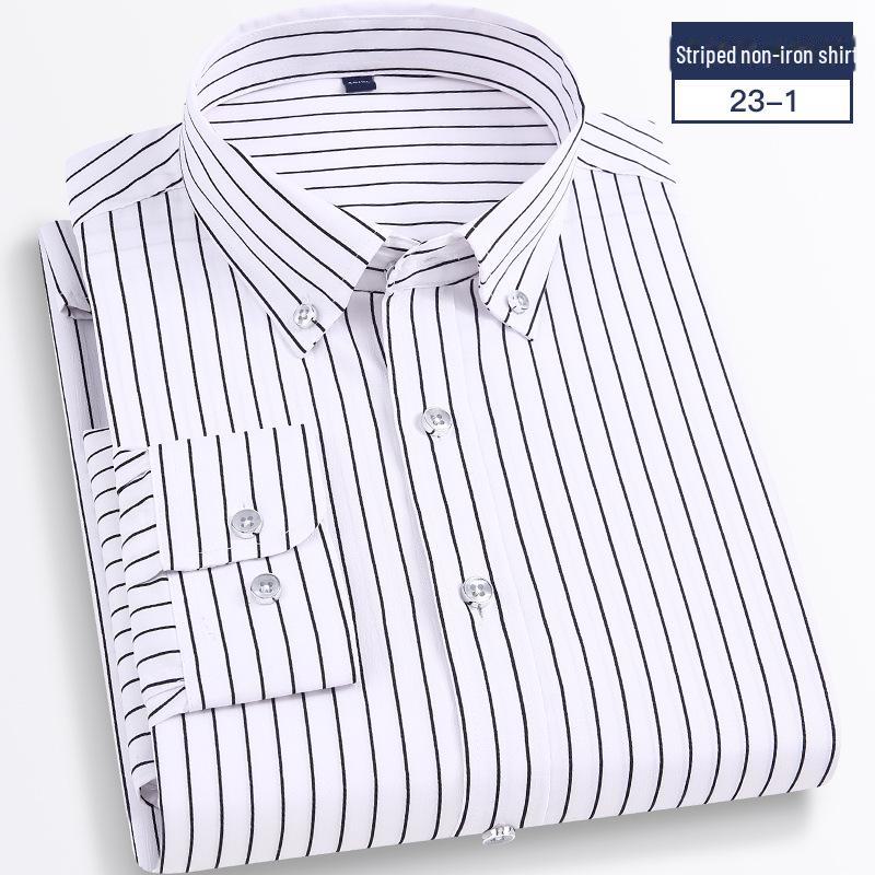 

Мужская рубашка 2025 года в полоску, с длинным рукавом, облегающего корейского кроя — повседневная деловая одежда, не требует глажки, удобная. 39