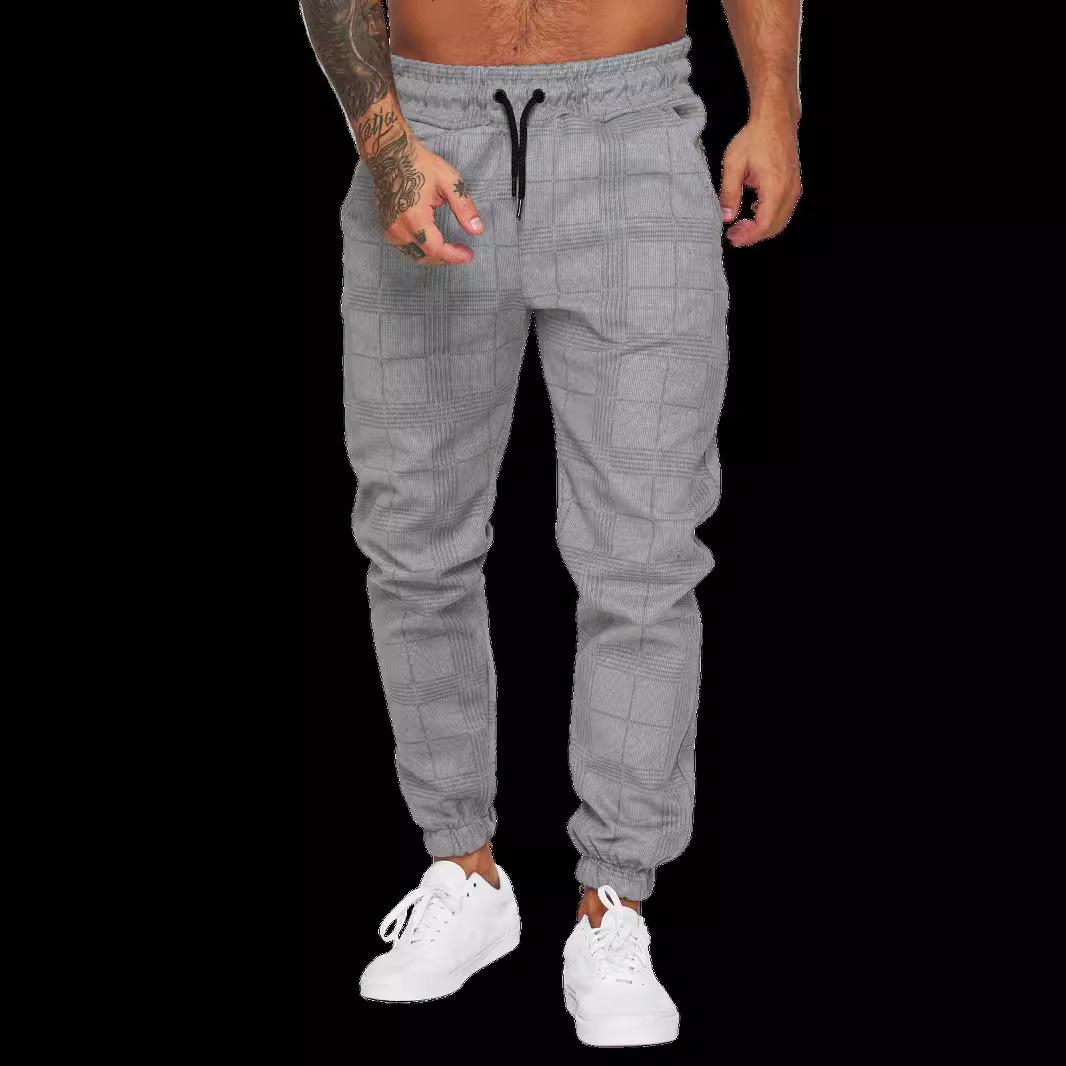 

Мужские брюки-джоггеры с принтом в клетку и кулиской для фитнеса и повседневной носки XXXL светло-серый