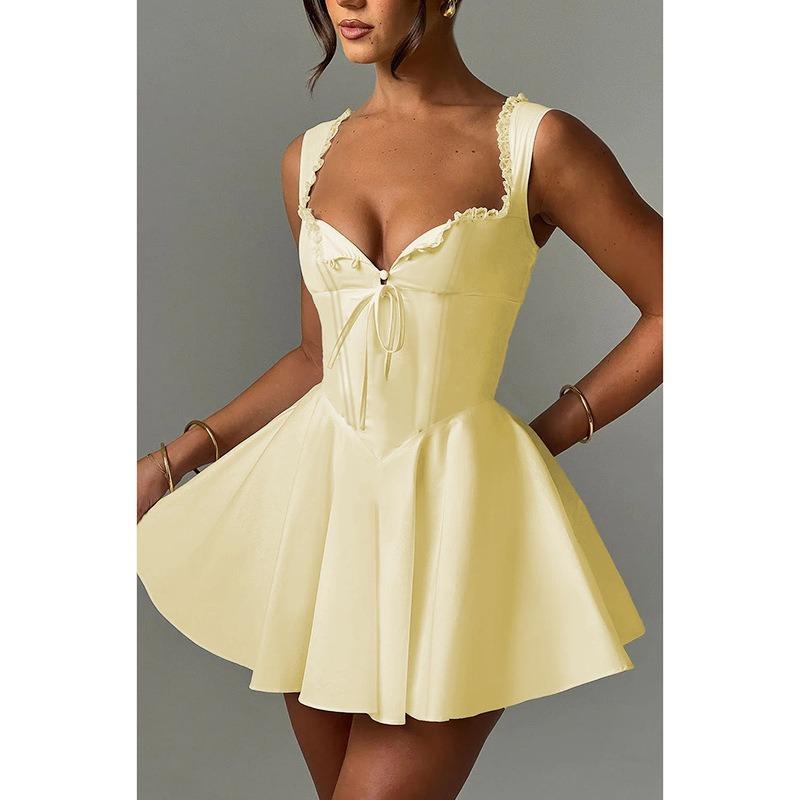Summer Lovely Sweet A Line Short Dress Yellow Sexy Sleeveless Lace Up Pleated Party Dresses Hollow Out Slim Fit Elegant Holiday Dress Women