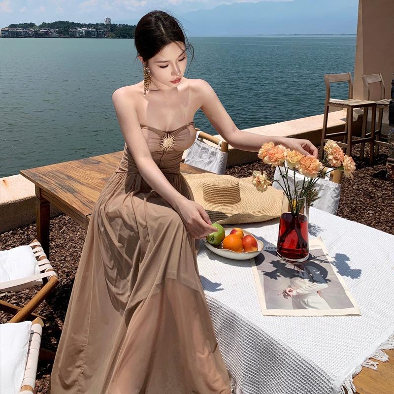 

Greek Muse Temperament Sexy Tube Top Dress Women s Seaside Vacation Woven Rope Waist Slim Dress S
