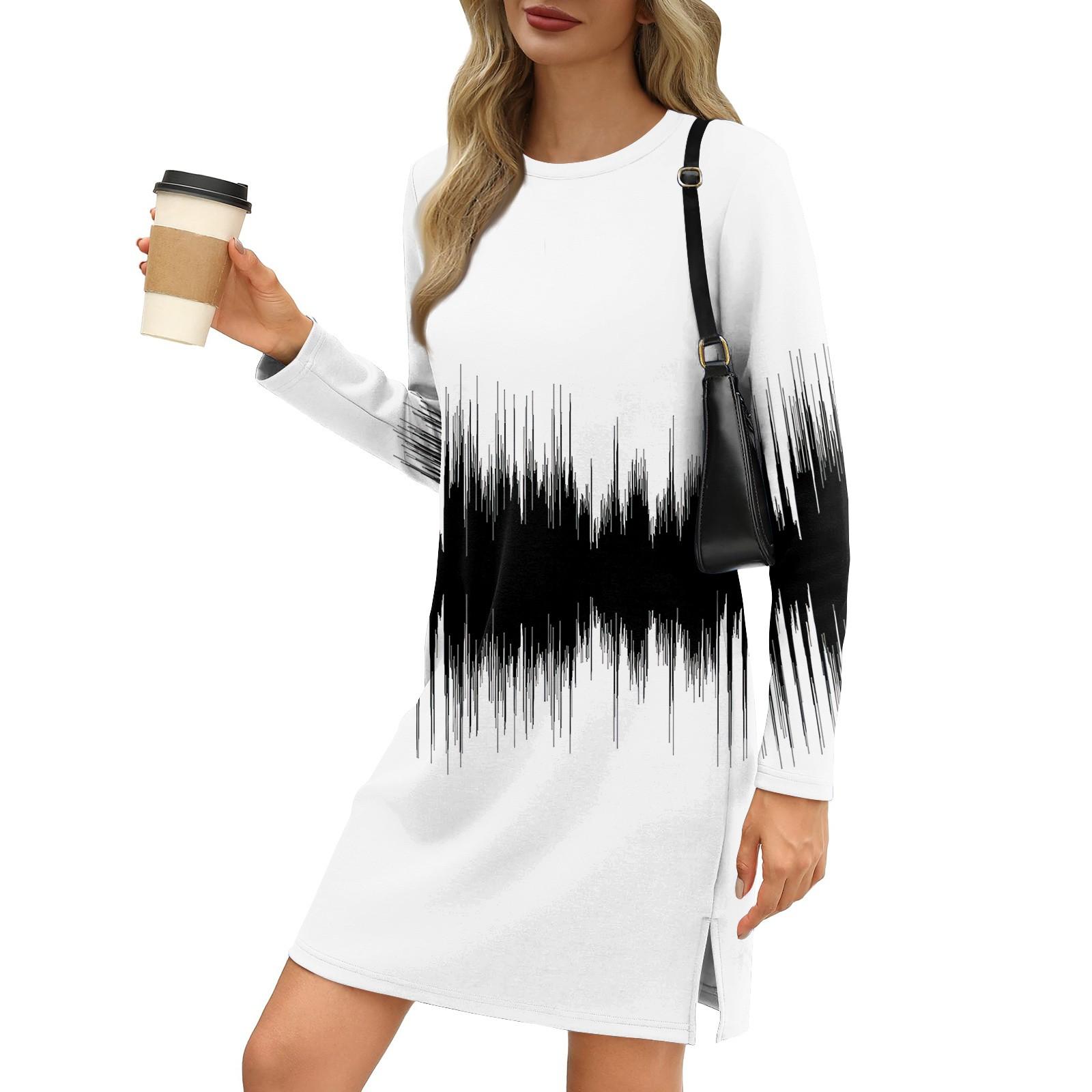 Женское модное повседневное платье с круглым вырезом и длинными рукавами и разрезом — фото 9