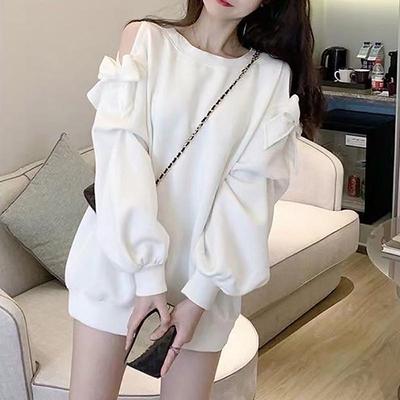 Bowknot Off-Shoulder Long Sleeve Women's Sweatshirt, Plus Size, Spring/Autumn, Trendy Spicy Girl Style.