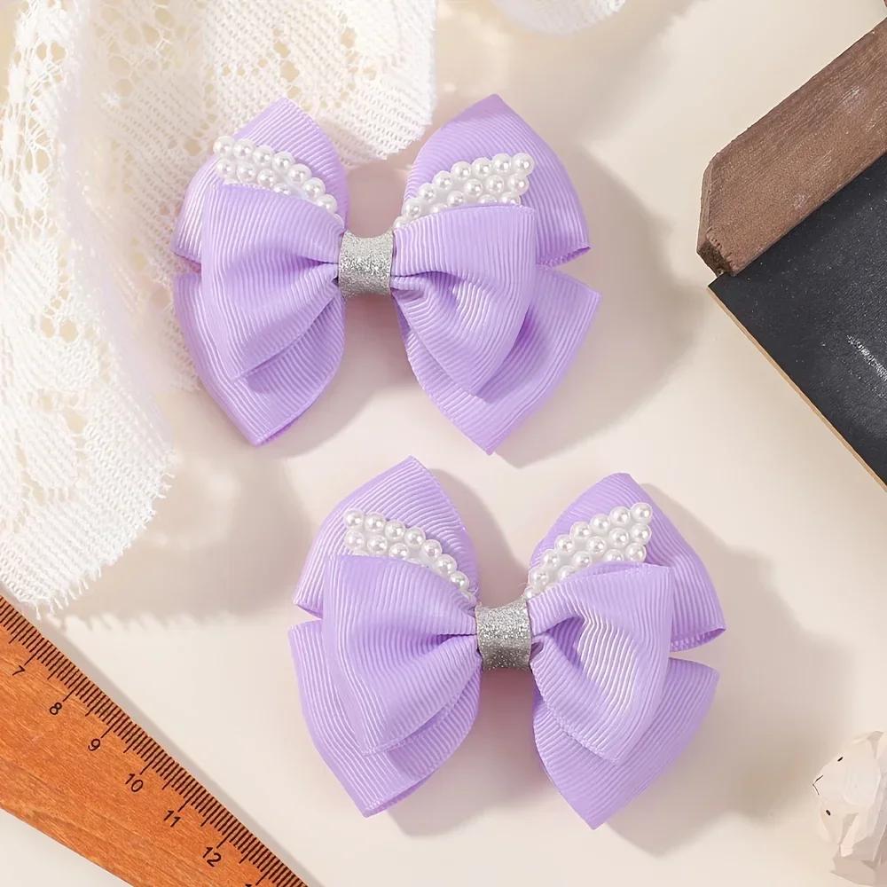 2Pcs 3.34inch Kids Bows Pearl Ribbon Hair Clips for Baby Girls Boutique Delicate Bowknot Barrette Palace Princess Style Headwear