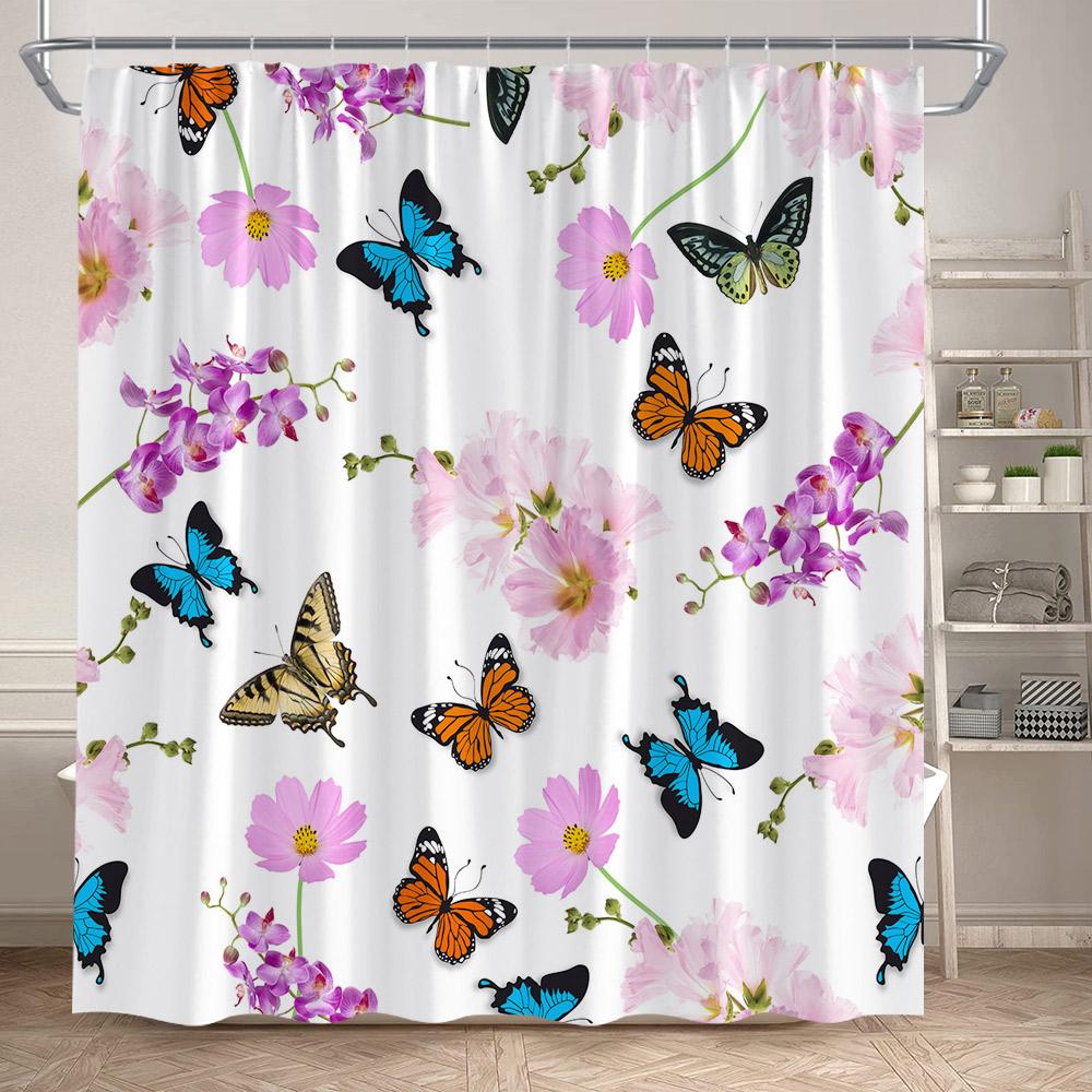 Floral Butterflies Shower Curtains Pink Blue Rustic Flowers Butterfly Plant Polyester Fabric Home Bathroom Curtain Bathtub Decor