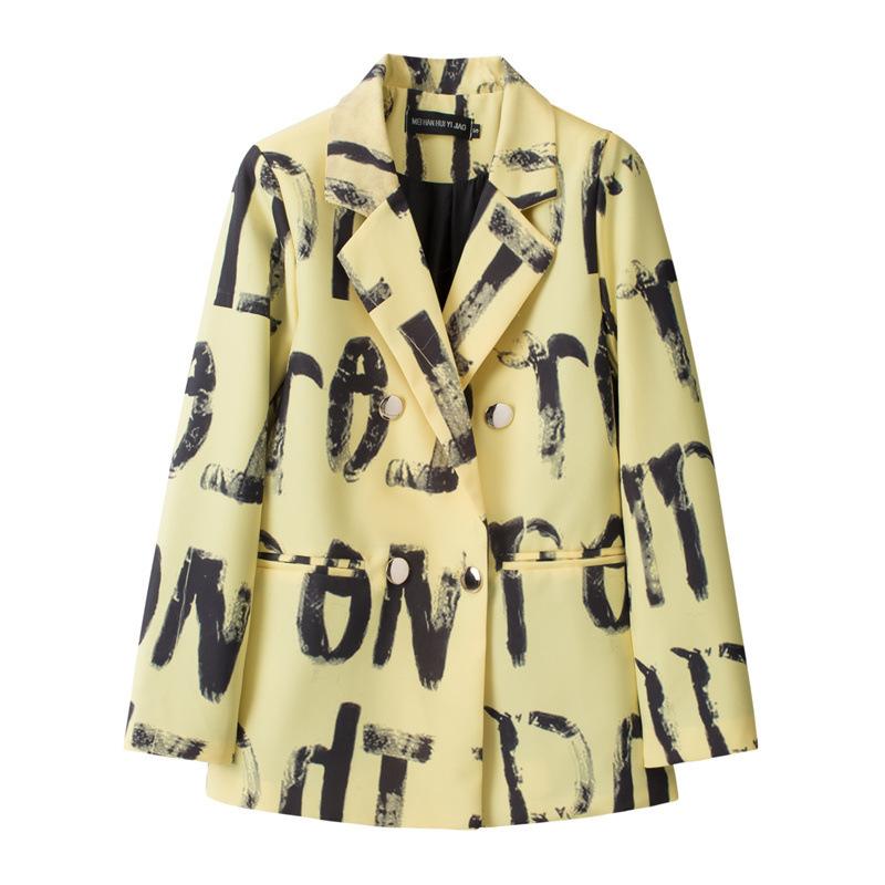 Women's Fashion Blazers Abstract Print Double-Breasted Blazer Loose Casual Long Sleeve Jackets