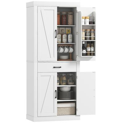 Country-Style Kitchen Pantry with 2 Cabinets, 6 Shelves and Drawer, In Wood, 76x39.5x183.5 Cm, White