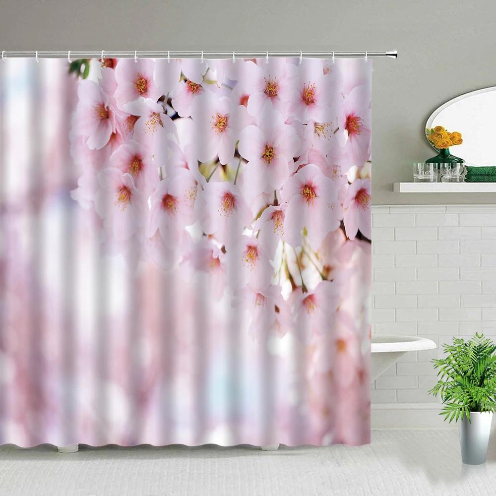 Pink Flower Plant Scenery Shower Curtains Rose Tulip Butterfly Spring Landscape 3d Printing Bathroom Waterproof Bath Curtain Set