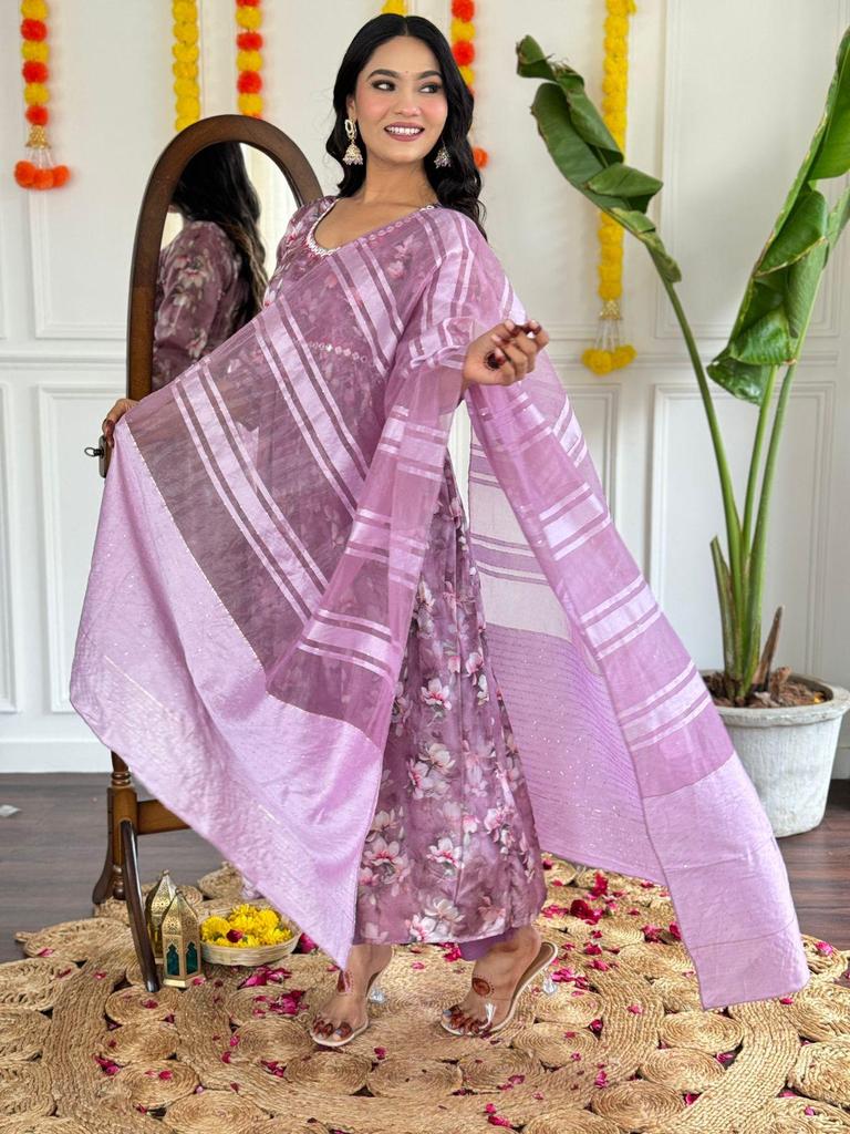 Beautiful Designer Floral Print Kurti Pant Dupatta Set Indian Women Top Tunic Salwar Suit