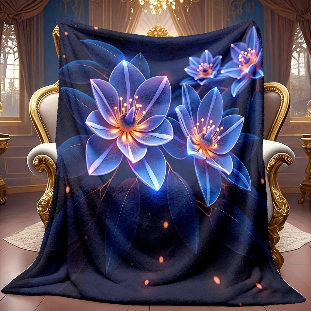A 2D Blue Luminous Floral-themed Flannel Blanket with Soft High-definition Digital Printing, a Cooling Blanket Suitable for All Seasons! Soft and Brea