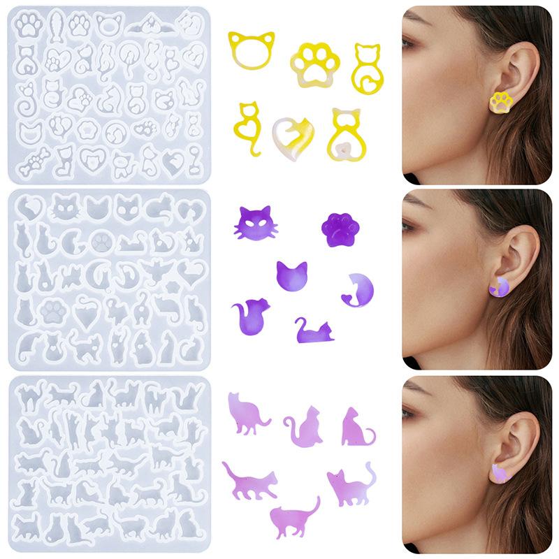 DIY Crystal Epoxy Mini Cat Stud Earrings Silicone Mold, Kitten Series Ear Jewelry Earrings Mold