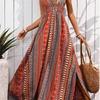 Strap Print Dress Women A Line Sleeveless Waist Deep V Spring Summer S-XL