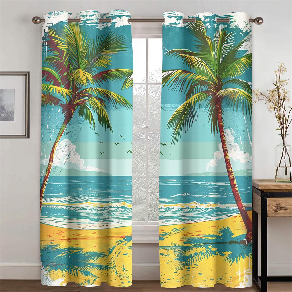 3D Palm Tree Sea Coast Retro Sea View Curtains Beach Sunset Living Room Bedroom Kitchen Balcony Decor New Products Promo 2 pcs