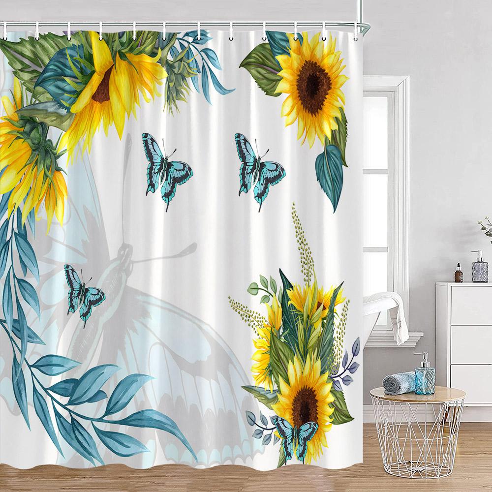 Butterfly Shower Curtains Multicolored Flowers Pastoral Floral Bathroom Decorations Rustic Polyester Bath Curtains with Hooks