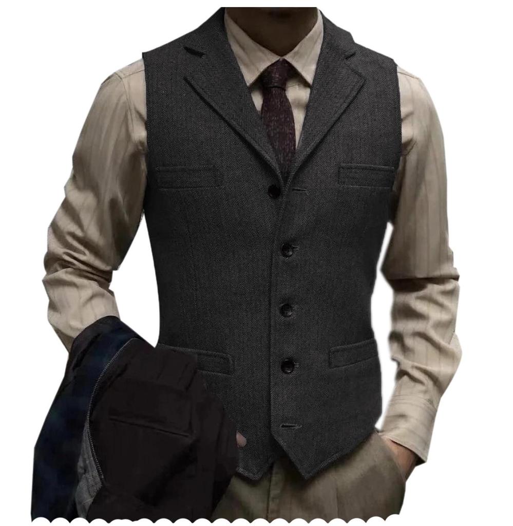Herren Slim Fit Fischgrät Einreiher Freizeitweste