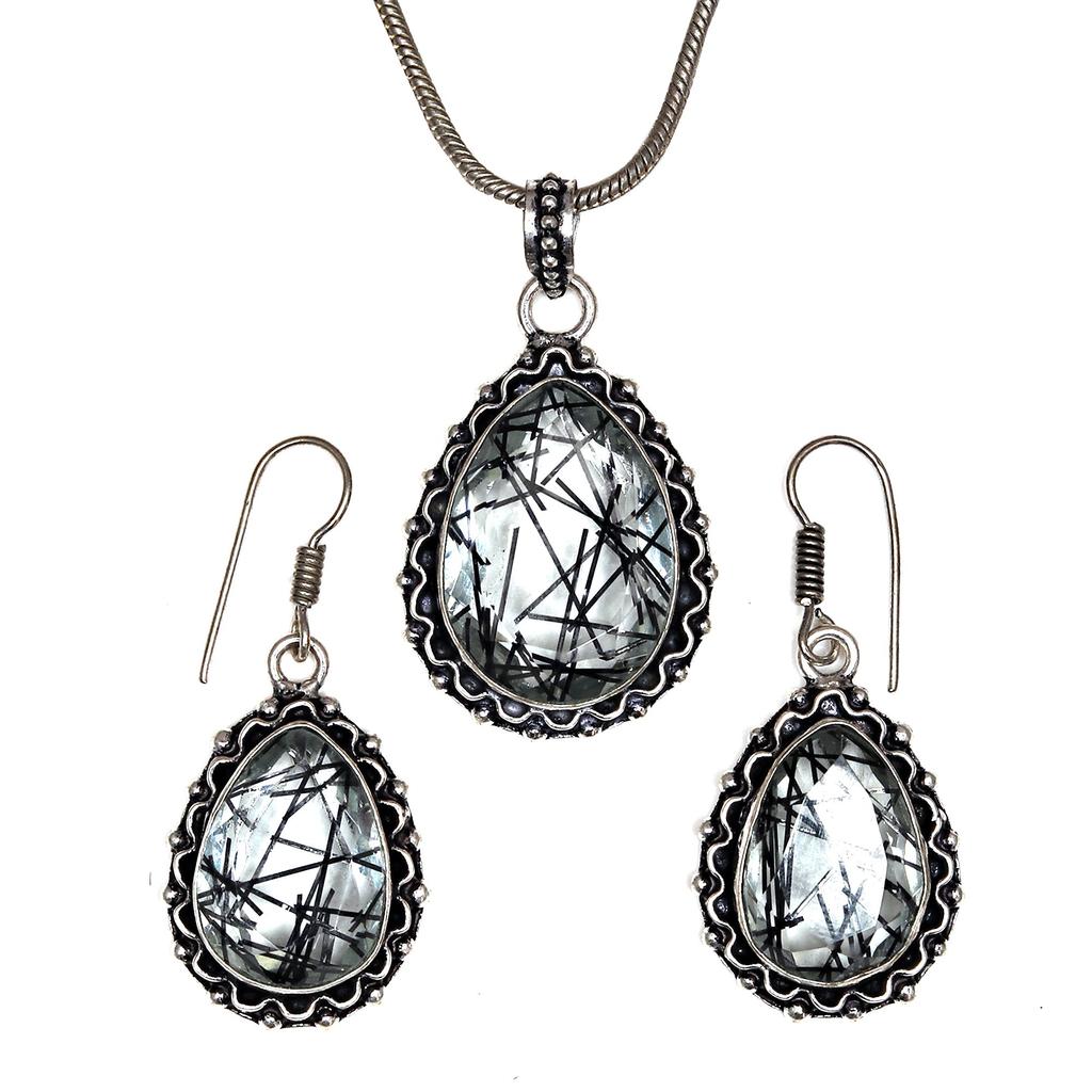 Black Rutile Set  Pendant  Jewelry Earring 18-20'' Gemstone Handmade