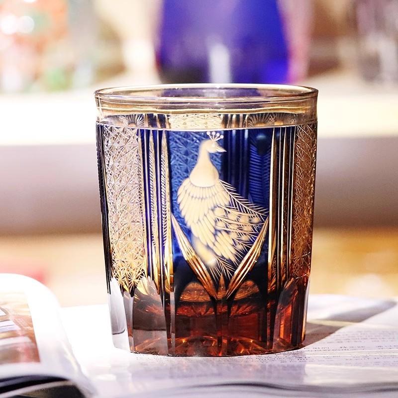 

Japanese Style Luxury Edo Kiriko Wine Glass Green Blue Krystal Whisky Tumbler Handmade Engraving Peacock Whiskey Drinking Cup 270ml