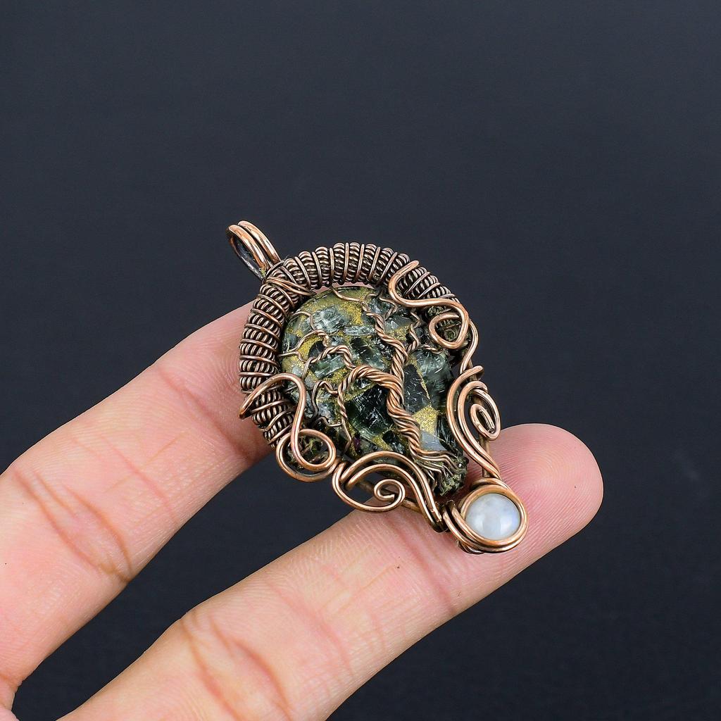 Copper Seraphinite Pendant, 999 Copper Wire Wrapped Gemstone Jewelry, Handmade Pendant, For Thanksgiving