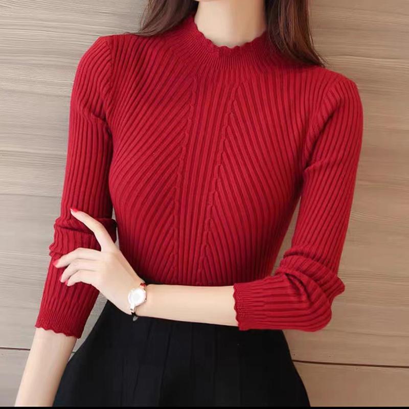Women Mock Neck Ruffles Sweater Long Sleeve Knitted Bottoming Solid Pullovers Stripe Casual Sweater For Women 2024 Autumn