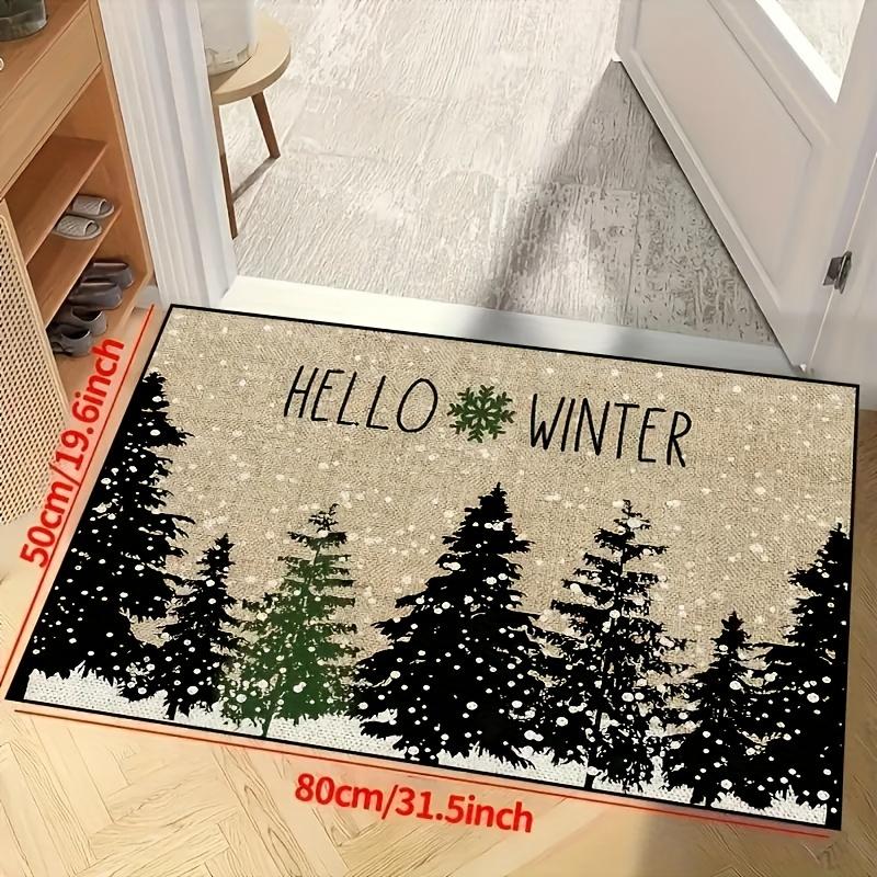 Hello Winter Snowflake Pine Tree Flannel Doormat Non Slip Front Entry Floor Mat Rustic Seasonal Style Indoor Entrance Decor Rug