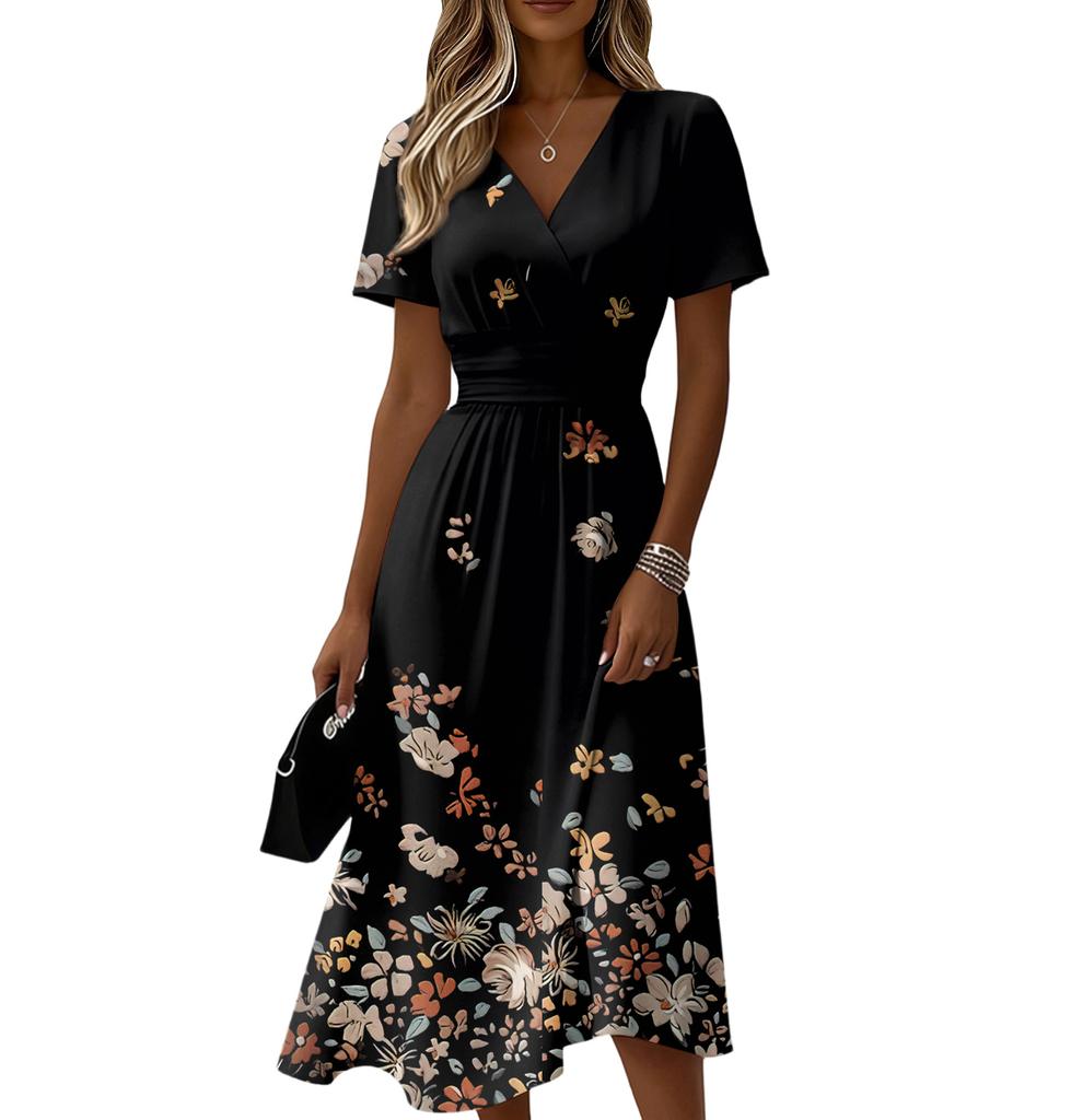 Ladies' Floral Casual Fashionable Short Sleeved V-neck Dress