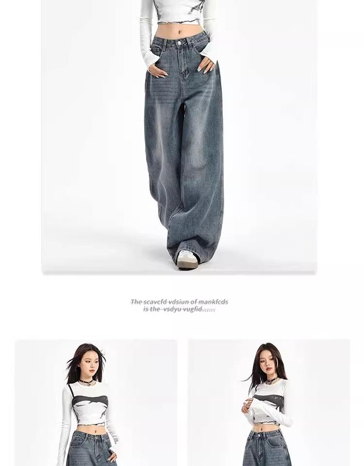 Unisex American Retro High-Waist Wide-Leg Jeans: Spring & Autumn, Loose, Slimming, Drapey, Floor-Length Straight-Leg Style.