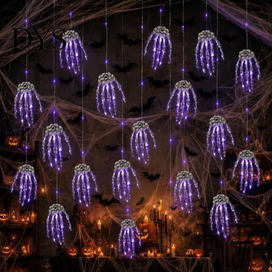 Battery Operated Party Ornaments Halloween Skeleton Hand Hanging Lights, Purple LED Light Up Claw Glowing Ghostly Lamps Lantern, Spooky Atmosphere