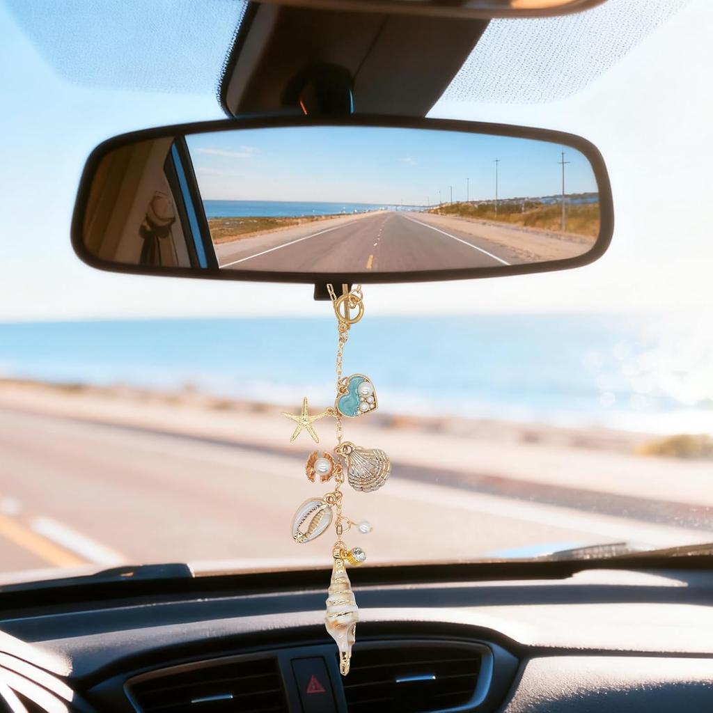 Gold Seashell Rear View Mirror Hanging Charm – Coastal Beach Hanging Charm, Boho Starfish Aesthetic Car Interior Accessory, Cute Car Ornament Gift