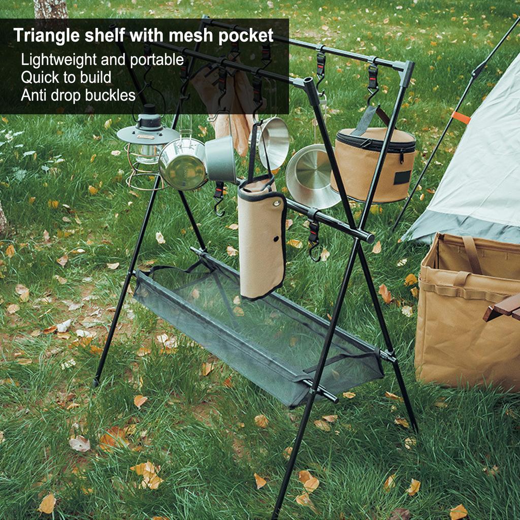 Outdoor Camping Hanging Rack Outdoor Portable Double Layer Camping Rack with Mesh Pocket
