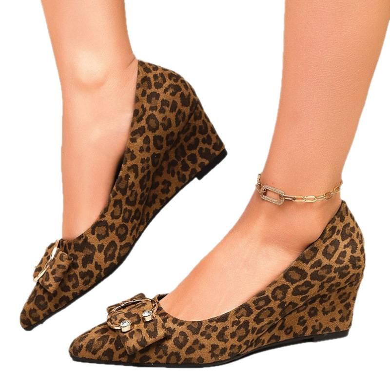 Wedge Heel Single Shoes New Spring and Summer Leopard Print Pointed Head Comfortable Shallow Mouth Square Buckle Rhinestone Shoes